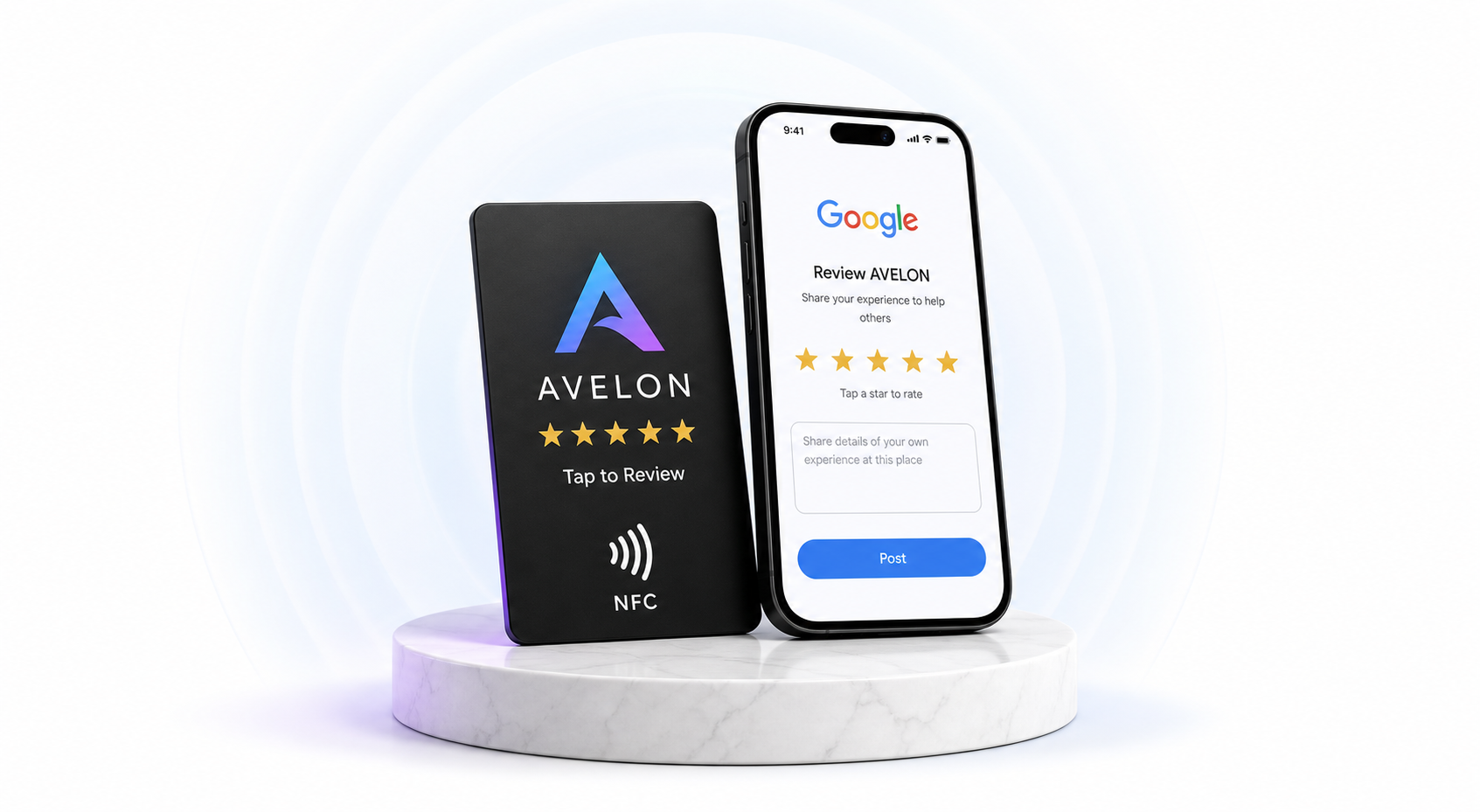 Avelon NFC Review Card və telefon